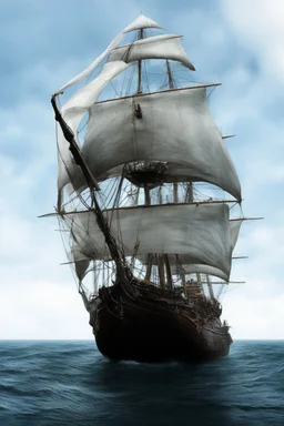 front view of a ship with a spider figurehead in stormy weather