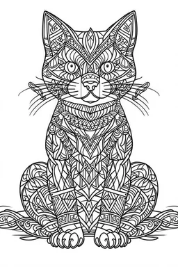 A simple minimalist coloring book mandala page drawing with thick black lines on a white background of a full length body of a kitten with no tail of the cat breed BORNEO BAY CAT. No shading. No gray. No shadows. No color. This coloring book page would appeal to children aged sixteen through adults and have clean lines for a design that is easy to color. Style raw. Aspect ratio 9:11