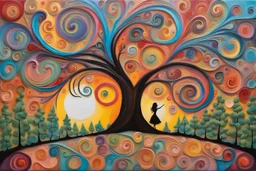 A heart shaped whimsical high raised impasto painting with poured acrylic and swirl patterns, vibrant and colorful artwork with intricate designs and patterns, set against a plain background. There are various elements like trees, flowers, and swirls painted in bright colors creating an enchanting scene. A silhouette of a girl is depicted, appearing to be in motion towards the colorful image. The ground where the girl stands is adorned with flowers and plants