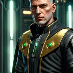 star wars bald male corellian jedi pilot wearing black and gunmetal grey old republic armored robes with gold trim inside the jedi temple holding a lightsaber with viridian green blade in left hand, centered head and shoulders portrait, hyperdetailed, dynamic lighting, hyperdetailed background, 8k resolution, volumetric lighting, light skin, fully symmetric details