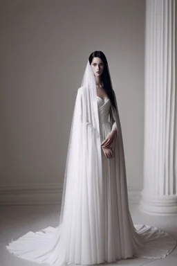 Long Luxurious White Wedding Dress Similar to the Greek era with a long veil and long black hair Photorealistic