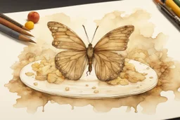 double exposure salad platter butterfly Jean Baptiste Monge watercolor and ink S<AI double exposure burned brown sepia colors abstract lines pastel colors golden glitter ink contours