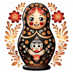 draw matryoshka dolls, the matryoshka is smiling, the kind sweet face of the matryoshka doll, behind the matryoshka Russian patterns in the style of Khokhloma