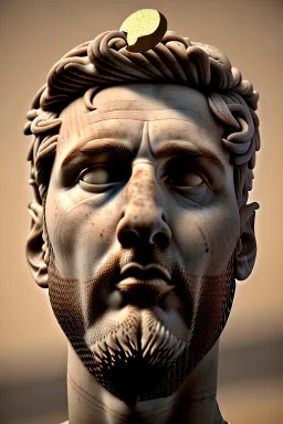 Ultra Realistic image, roman sculpture, white marble material, Lionel Messi, gold winner Laurel crown, miguel angel style, chisel style, emperor, waist up portrait, epic, celestial, cinematic lighting, God light, god rays, 4k resolution, smooth details, ornate details, soft lighting, unreal engine 5, sky and clouds background.