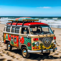 Powerful hippie car on the beach without a driver