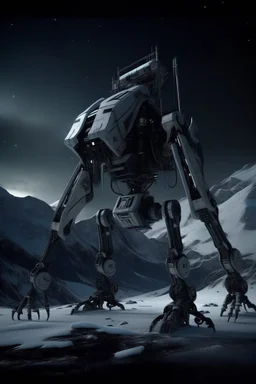 I want an image of a eight legged mechanical walker mech scaling the side of mout everest at night, it has a smooth surface, it has storage pods on its belly human can fit in the pods, it is covered with camera arrays