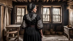 in front of the picture from the back, an middle-aged brown hair woman in a black vintage hungarian folk dress in black woman headscarf , her standing in villager room and looking at a wooden cross on the wall , old village environment, rustic rammed floor, lace curtains, sad atmosphere, high detailed, sharp focus, high realistic, perfect photo