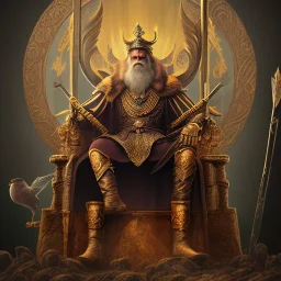 Odin sitting on throne with Crows around him, epic throne, epic Odin costume, three-headed spear in his hand, high face detail, high image quality