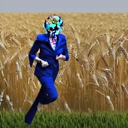 theresa may in robot armor, running through fields of wheat, sunshine, daytime, dystopian