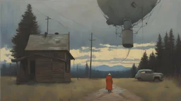 Surreal painting, Denis Sarazhin, Alex Colville, Simon Stalenhag, ominous sky