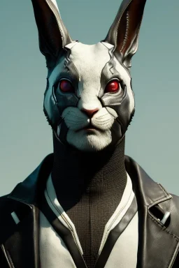 Medium Close Up Portrait, Front image. cyberpunk, rabbit mask, spanish man, white short hair. leather, suit. White, black, red, color. cyber style. Color background, photo studio. Avatar image, highly detailed, concept art, smooth, unreal engine 5, god rays, ray tracing, RTX, lumen lighting, ultra detail, volumetric lighting, 3d, finely drawn, high definition, high resolution.