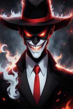 demonio de sombra, usando sombrero y traje negro, con detalle y corbata de rojo. Rojos rojos brillantes y una gran sonrisa blanca. Aspecto flamante. NO humano. Elemental de fuego negro