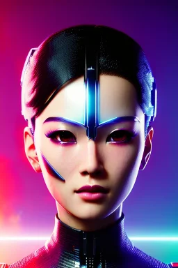 Futuristic manga cyborg, portrait from waist up, intricate eyeliner, vibrant eyeshadow, clear completion, soft lighting, 4k resolution, intricate details, insanely detailed, colorful cityscape background, masterpiece, expert, cinematic smooth, retroanime style, realistic details, no helmet, colorful hair