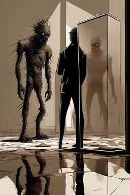 a horrifying, abstract monster looking into a shattered mirror and seeing a regular man's reflection