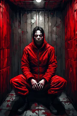 A scary gothic person sits quietly in the middle of a soundproof, padded room conveying intense dramatic emotions in a muted environment, wearing a bright red straitjacket , a mask to cover the mouth area of cannibal evil scary, dark and gothic look, cold eyes, eary ultra detailed,.32k, digital art style with messy paint, hardened sealer appearance, impasto, dramatic Arial view with explosive chaotic background