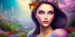 bright fairy, beautiful portrait, flowery landscape