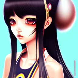 Japanese girl with big brown eyes and long black hair with bangs, cute, beautiful, kawaii, anime