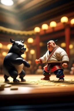 battle between fat cow and kung fu master in temple,shot on Hasselblad h6d-400c, zeiss prime lens, bokeh like f/0.8, tilt-shift lens 8k, high detail, smooth render, down-light, unreal engine, prize winning