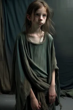 very thin 13 year old girl, dressed in rags, long fezzy haircut, A Cure for Wellness style, full figure