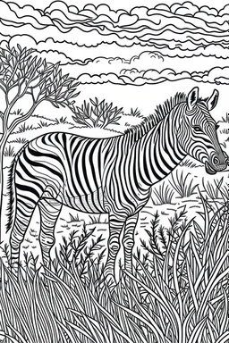 DRAW TO COLORING OF A ZEBRA IN THE SAVANNAH, CARTOON STYLE, LOW DETAILS, THICK LINES, NO SHADING