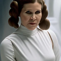 wide angle stunning photo realistic portrait of carrie fisher as Princess Leia in star wars with photo realistic fine and very simple hairstyle, brown eyes, eos5d mark 4, ef 85mm 5.6, professional majestic photo realistic painting by Ed Blinkey, Atey Ghailan, by Jeremy Mann, Greg Manchess, Antonio Moro, trending on ArtStation, Intricate, High Detail, Sharp focus, dramatic, by greg rutkowski, realism, beautiful and detailed lighting,