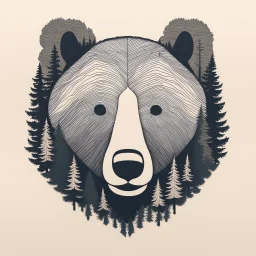 M shaped bear head combined with lots of woods silhouette in background, letterpress style, minimalistic pencil art