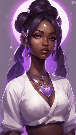 arcane tv show style, league of legends, solo, 1girl, attractive teenager, african, dark skin, dark-brown eyes, black hair, pair buns, (violet strand in forehead bang), necklace, earrings, modern makeup, (detailed skin texture), white oversize shirt