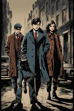 Design a detective book cover for teenagers. Three teenage detectives and a black cat in the centre, one boy on her left, the girl in the centre and one on her right are on the town street. Banksy style, modern comic book style, mysterious atmosphere, modern clothes, streetwear, street look, Polish style