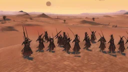 desert, highly detailed, comic style warriors from behind, far away city