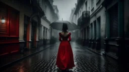 A woman seen from behind in a red dress and a white umbrella walks down the street on a rainy, foggy day, Gothic art, bloom, high quality