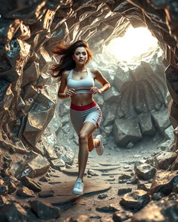 make a picture pretty cave made of crystal and metallic 3d fractal recursive cubic and sphere base structures and a beautiful fashion model lady with cute,curvy long hair,makeup, in pretty sports suit is running inside cave ,dynamic camera fallow her inside cave capturing full body, dynamic lights.
