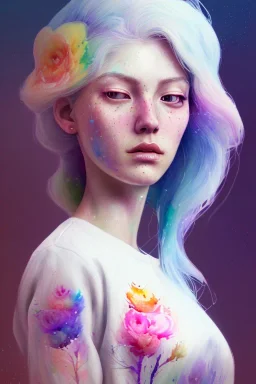 a woman, side profile, closed eyes, white hair, pastell, watercolor splash, white dress, rainbow flowers, in the style of Camilla d'Errico, hyper detailed, beautiful, complex, trending on artstation, cryengine, national geographic photo, chiaroscuro