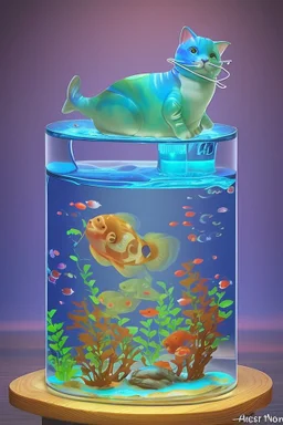 An aquarium glass cat shaped aquarium with fish, colorful fish, in an old style cozy library with a comfortable armchair to sit in and a large aquarium with fish, colorful fish