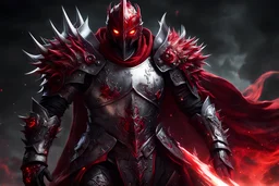 silver and crimson knight armor, and a ghostly red flowing cape, crimson trim flows throughout the armor, the helmet is fully covering the face, black and red spikes erupt from the shoulder pads, crimson hair, spikes erupting from the shoulder pads and gauntlets, glowing red eyes, riding a black demon warhorse with glowing red horns wearing silver and crimson armor with glowing red eyes
