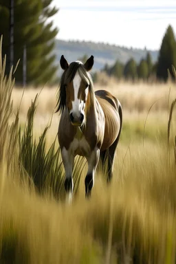 horse standing in tall grass in Montana.