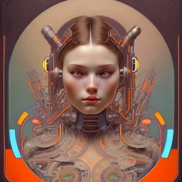 A beautiful portrait of a cute cyberpunk woman happy, alphonse mucha style, grain on the skin, tribal tatoos, orange color scheme, high key lighting, volumetric light high details, by Jarosław Jaśnikowski mixed with Sheila Martin mixed with Fletch mixed with Frank Sun mixed with Anna Dittmann mixed with Alena Aenami. octane render, redshift render,ambient lighting