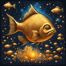 A magical glowing gold stone that guilds all the fish home, in pointillism art style