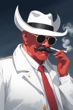 An old very red crimson devil wearing a white and gold police comisioner outfit, he is also wearing glasses, he has a white scruffy mustache, and a small black fedora, he also smoking a cig.