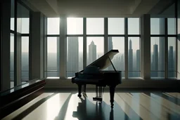 large and rectangular room on the top floor of the building, with large windows through which you can see the city's skyscrapers. diaphanous, only with columbas holding up the roof, frontal perspective, spotlight a man playing a white piano