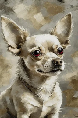 This image is a striking painting of a chihuahua The dog is facing forward with a slightly tilted head, giving it a curious and endearing expression. Its fur is rendered with expressive, textured impasto brushstrokes in earthy tones—creamy whites, browns, and hints of gray—that create a sense of depth and movement. The background is a soft, muted gray, which contrasts beautifully with the warm tones of the dog and helps it stand out as the focal point. The overall style blends realism with impre
