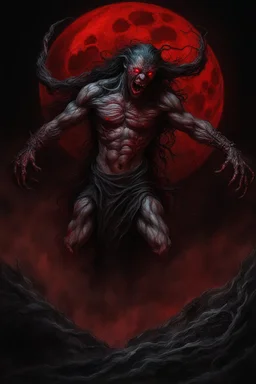 A dramatic digital painting portraying a horror monster under the Red Moon, veins pulsing, claws of temptation visible, soul in turmoil. In the style of Luis Royo and Boris Vallejo, vivid colors, swirling brushstrokes, highly detailed, 8k resolution, surrealistic., juicy emotions, painting, gloomy fantasy, gloomy day, dark world, portrait, oil and graphite, wide strokes, a weaving frame around, by Ryohei Hase, Agnes Cecile, Raymond Swanland, Anne Bachelier