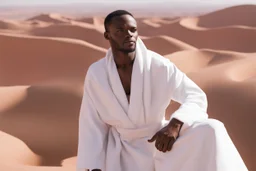 african man wearing white thobe. standing on high mountain looking out to the desert