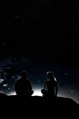 Black background on a mountaintop. A silhouette of a fit human man and a silhouette of a fit human woman sitting close to each other, looking at the stars.