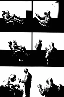 a page divided into 6 rectangular panels, each with different views of a man strapped to a chair and being interrogated by a man standing with a gas mask on, lower and higher perspectives, front and back, overhead light, suspenseful torture graphic novel, comic book
