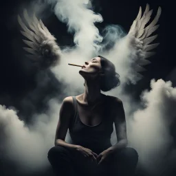 woman sitting forward Her face upward and blows cigarette smoke from their mouth upward. a figure with wings emerging from its back. behind the clouds of smoke look death. dark and mysterious