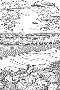 A cute tranquil beach sunset with seashells and calming waves, Coloring page for kids, cartoon style, thick outline, low details, no shading, no color