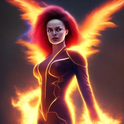 Dark Phoenix, X-Men , Jean Gray. hyperfantastic,hyperscifi,unreal engine.best colours,deep purple . fire theme .blue neon smoke.cinamatic,full cinematic lights.beautiful body details,beautiful face details,8k,