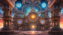 3D rendering of an enigmatic expressively detailed and intricate, hyperrealistic dreamscape: symmetric, front view, colorful paint, tribalism, steampunk, shamanism, cosmic fractals, dystopia, 4k,high-resolution,realistic,surrealistic,super wide angle shot, canon 5d,v-ray,quixel megascans render, sintane render, dramatic volumetric lighting exquisite composition, beautiful detailed intricate detailed octane render, 8k artistic photography, photorealistic, perfect light, chiaroscuro