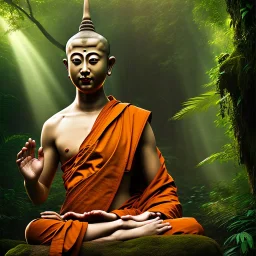 Buddha monk in a jungle, hyper realistic, photography, rays, amazing lighting