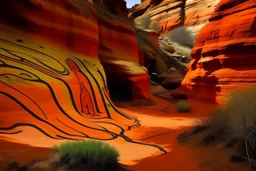 A reddish orange colored canyon with high voltage grounds designed in native American petroglyphs painted by Stuart Davis